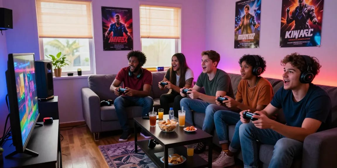 Friends enjoying immersive porn games together in a lively gaming room, showcasing vibrant atmosphere and engaging gameplay.