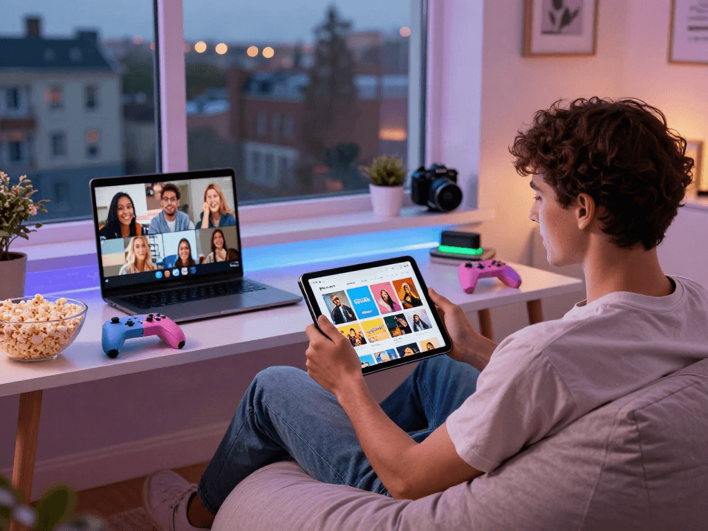 Person navigating the pikashow apk on a tablet in a vibrant home office with cozy seating.