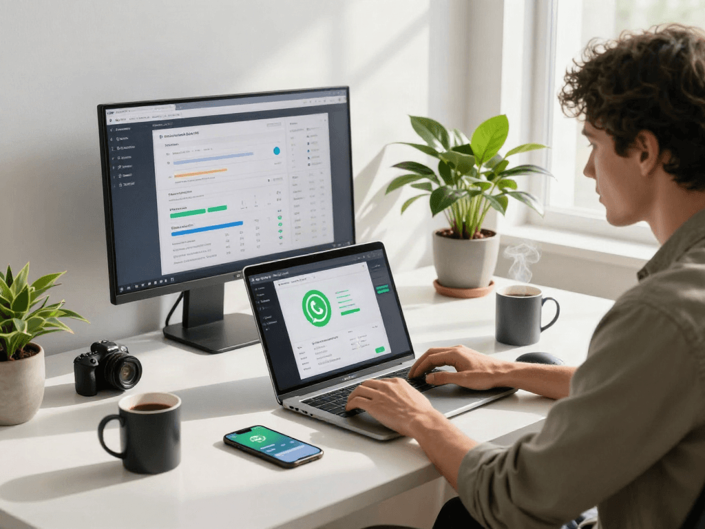 Focused professional using gb whatsapp on laptop and smartphone in a modern tech workspace