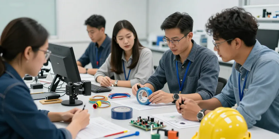 Engineers discussing Super33 Daftar electrical tape usage in a modern lab setting.