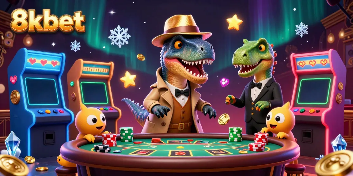 Experience thrilling gaming at 8xbet with vibrant cartoon characters in a buzzing casino scene.
