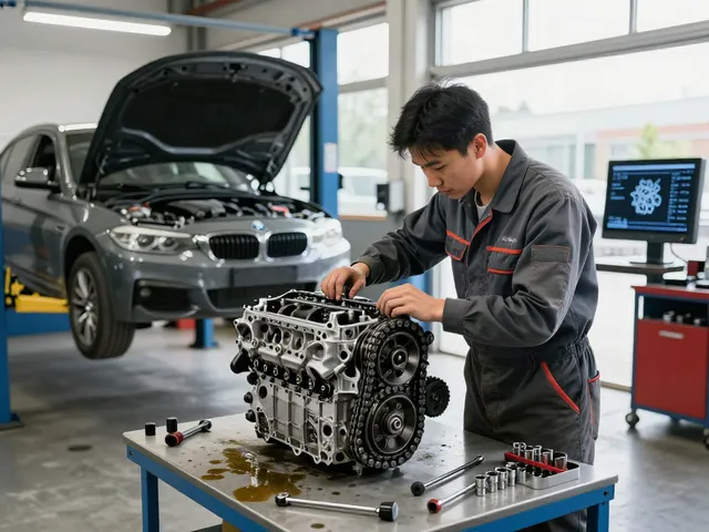 BMW Steuerkette wechseln in einer professionellen Werkstatt mit Mechaniker und Motorinspektion.