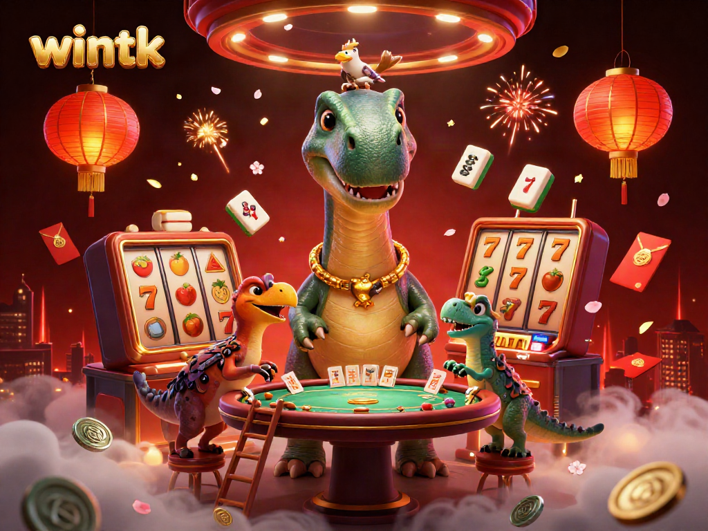 Play thrilling casino games at wintk with a giant brontosaurus and vibrant gaming elements.