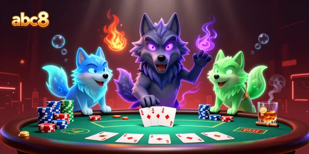 Win big at abc8 with a thrilling poker showdown featuring spectral wolves and vibrant casino elements.
