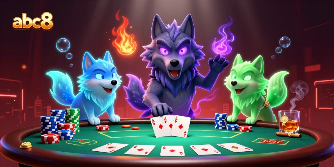 Win big at abc8 with a thrilling poker showdown featuring spectral wolves and vibrant casino elements.