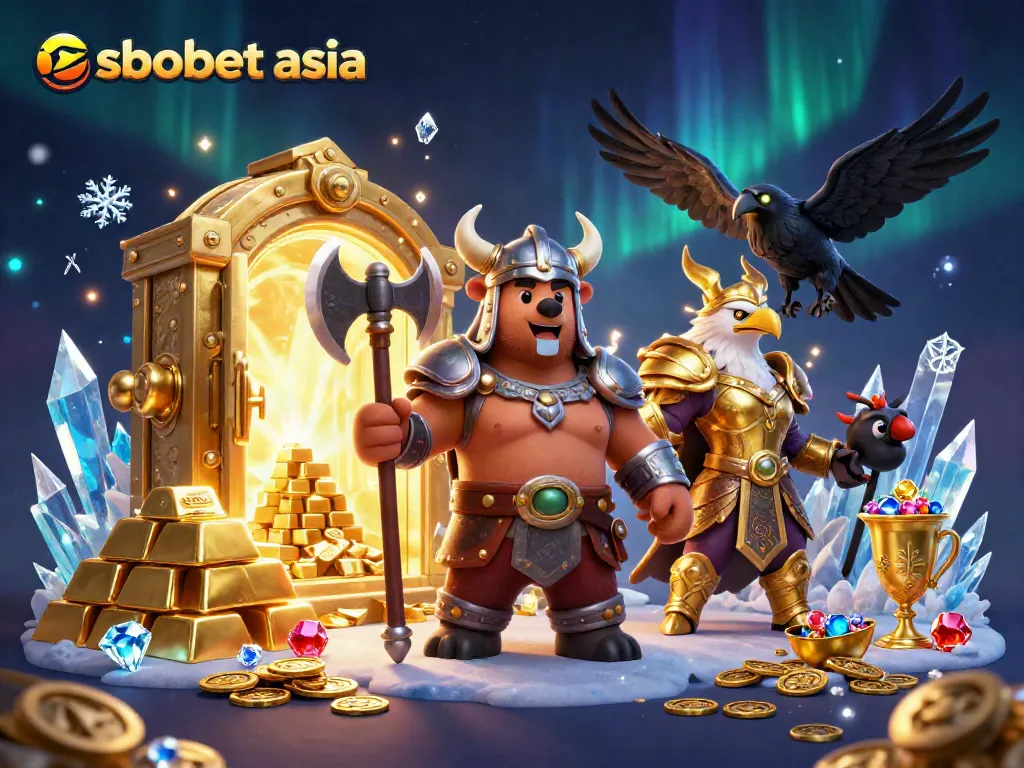 Experience sbobet asia with a vibrant 3D casino scene featuring dynamic characters and treasures.