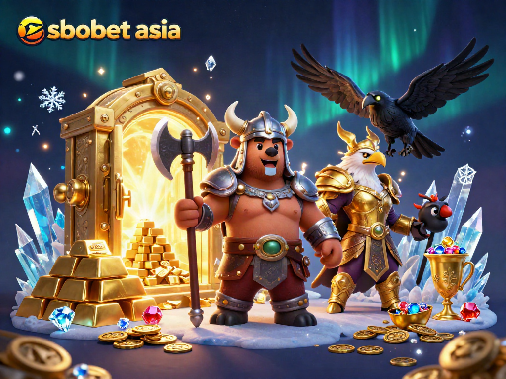 Experience sbobet asia with a vibrant 3D casino scene featuring dynamic characters and treasures.