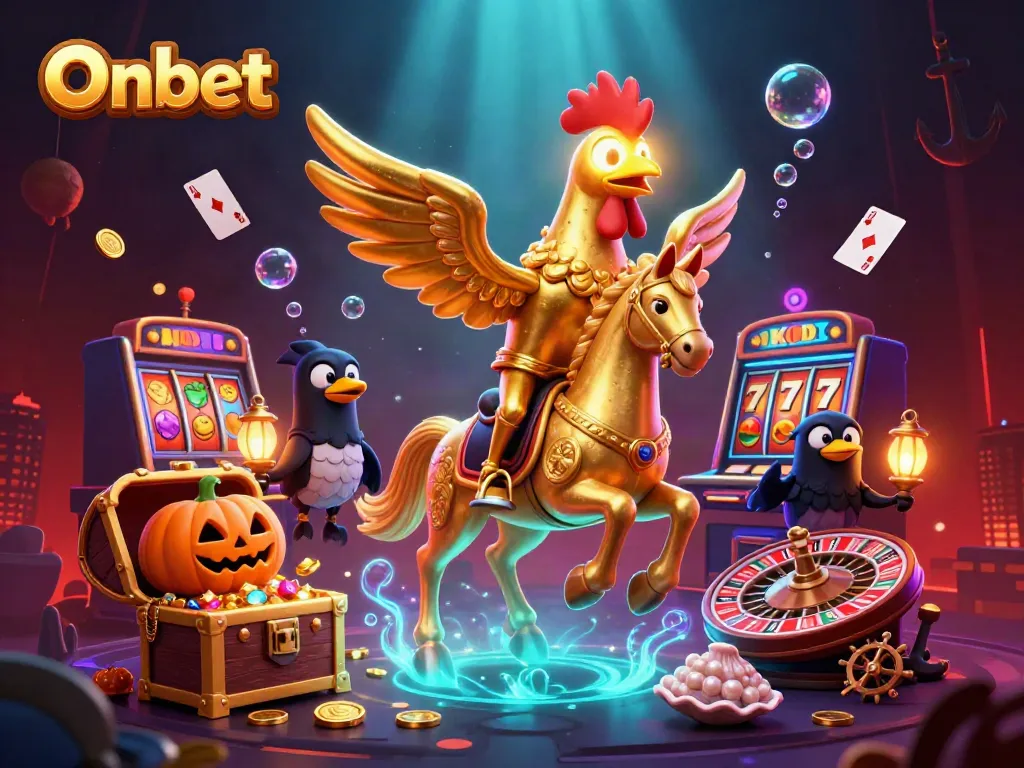 Engage with Onbet's thrilling casino adventure featuring a golden rooster and vibrant game elements.