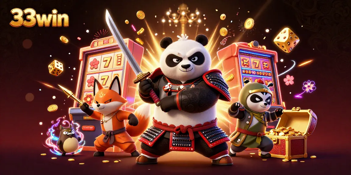 Experience the thrilling world of 33win with an action-packed casino scene full of dynamic characters and exciting game elements.