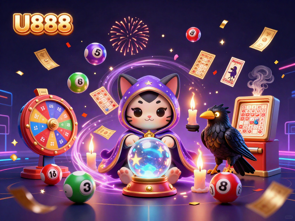 Experience the excitement with U888 in this dynamic casino-themed illustration featuring a mystic cat, glowing raven, and colorful lottery balls.