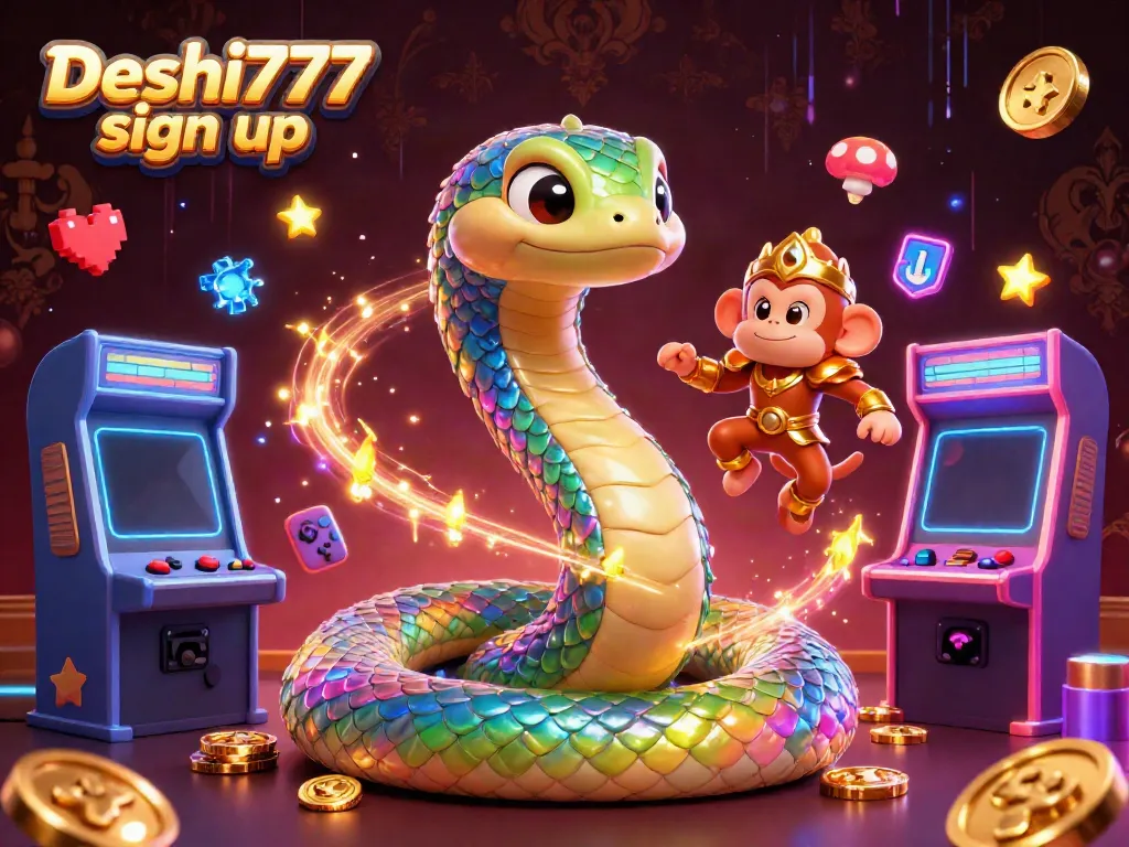 Enjoy the thrilling Deshi777 sign up with a colorful digital casino illustration featuring a rainbow serpent and playful characters.