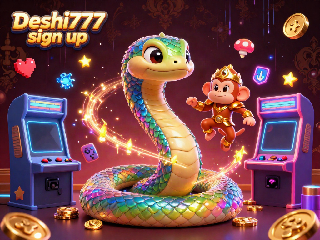 Enjoy the thrilling Deshi777 sign up with a colorful digital casino illustration featuring a rainbow serpent and playful characters.