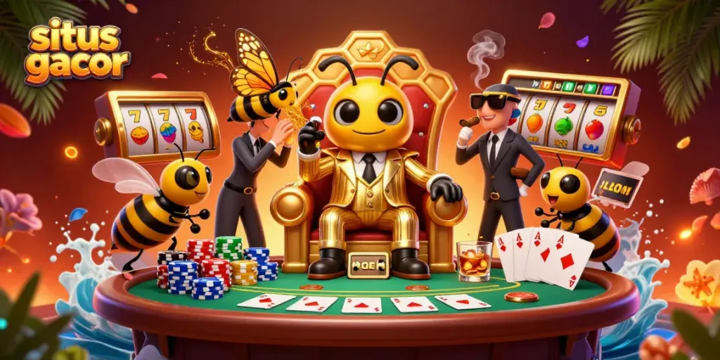 Experience the thrill of situs gacor with vibrant slot reels and animated characters in a lively casino scene.