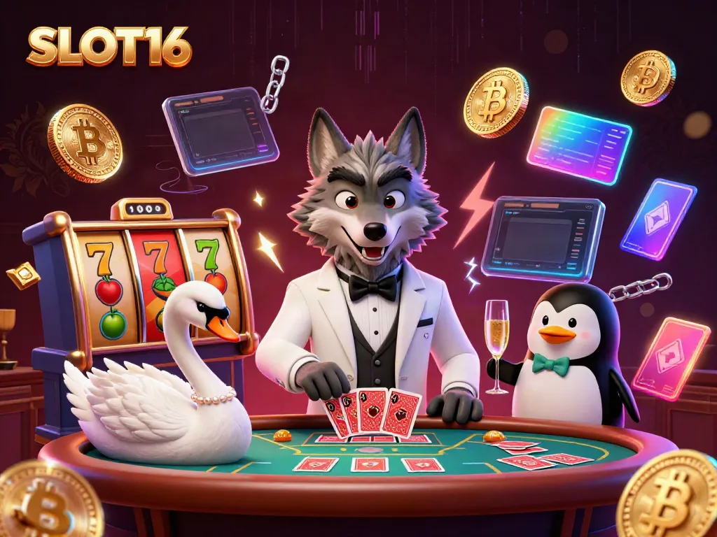 SLOT16 features a debonair wolf and elegant characters at a baccarat table with vivid casino elements