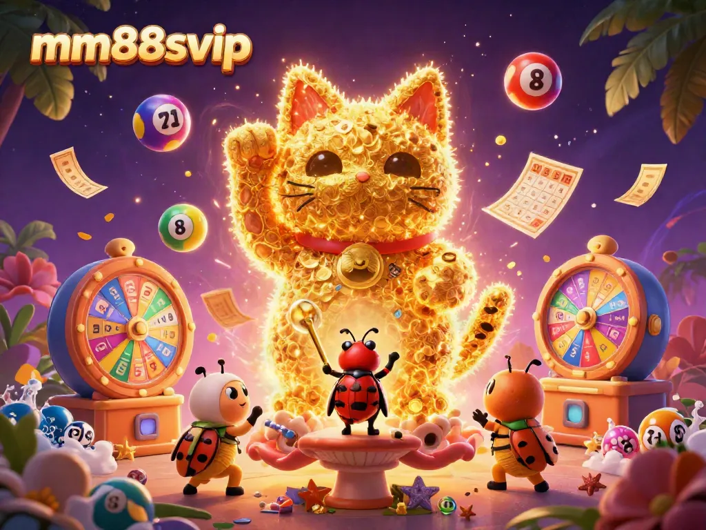 Engage in thrilling games with mm88svip's vibrant illustration featuring a lucky cat and casino symbols.