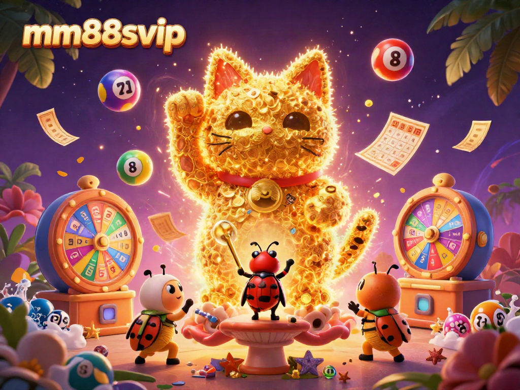 Engage in thrilling games with mm88svip's vibrant illustration featuring a lucky cat and casino symbols.