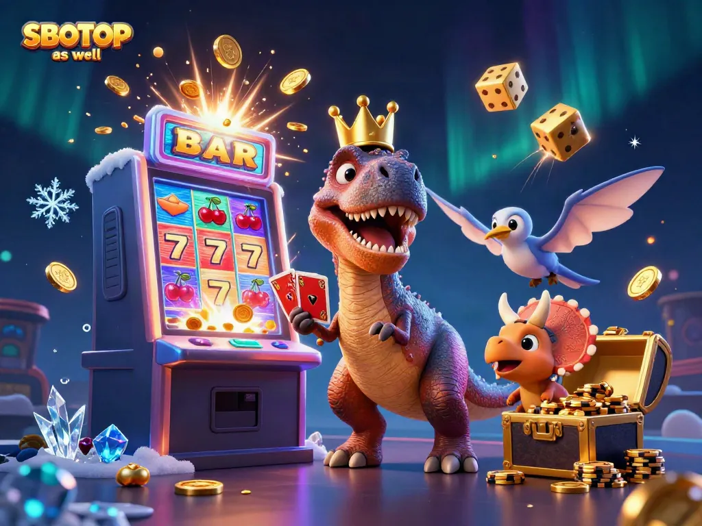รูปภาพที่สนุกสนานของ T-Rex กับเพื่อนในคาสิโน SBOTOP as well โดยมีสล็อตโยกและทองคำอยู่รอบตัว.