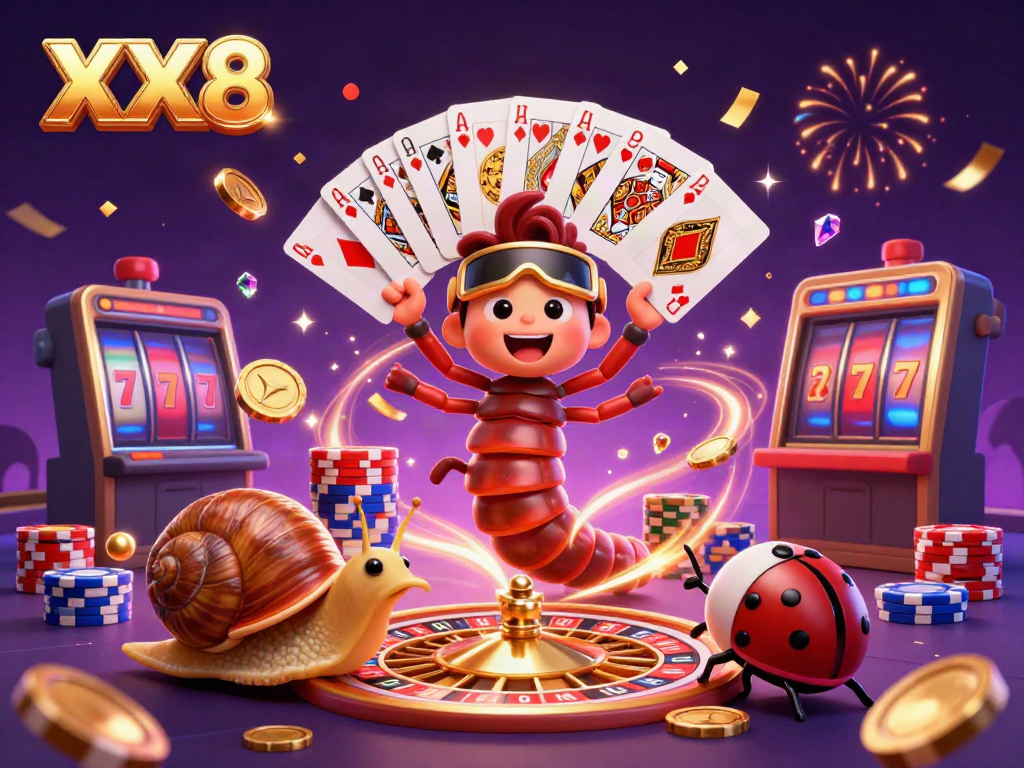 Experience high-stakes gaming at XX8 with a vibrant scene featuring energetic casino characters and exciting game elements.