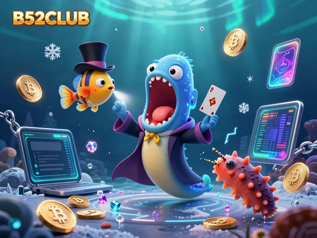 Experience thrilling card tricks in the vibrant B52CLUB underwater casino scene rich with neon effects.
