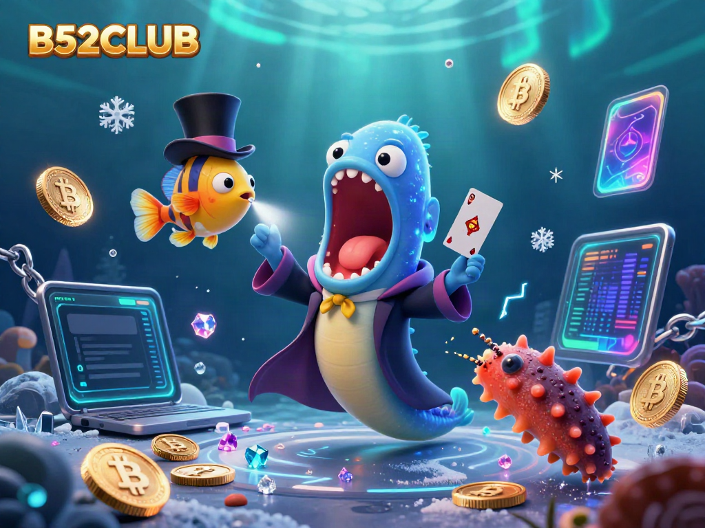 Experience thrilling card tricks in the vibrant B52CLUB underwater casino scene rich with neon effects.