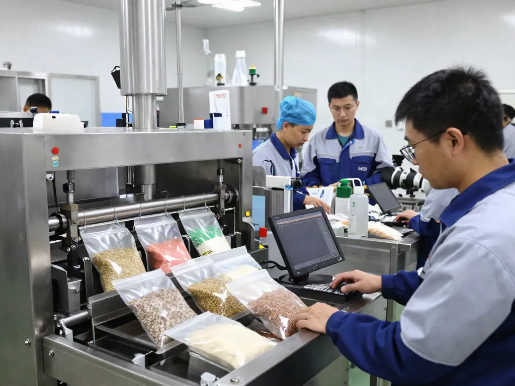 Automatic bagging machine manufacturers operating in a modern manufacturing facility.