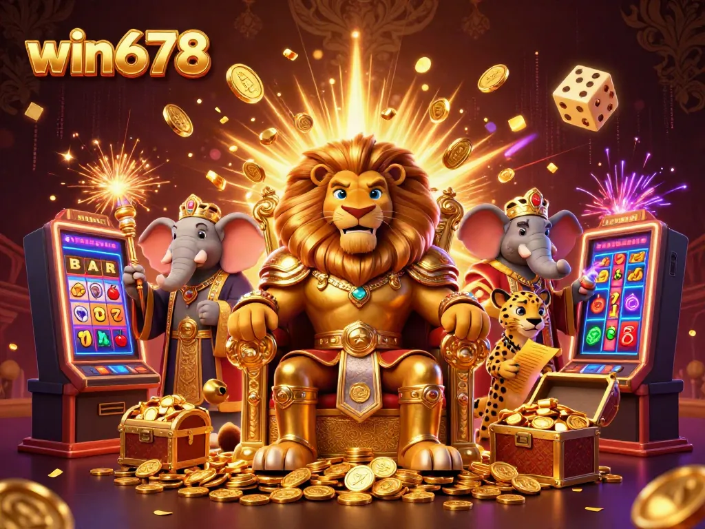 Experience the thrill of win678's casino with a 3D cartoon lion king and dynamic jackpot elements.
