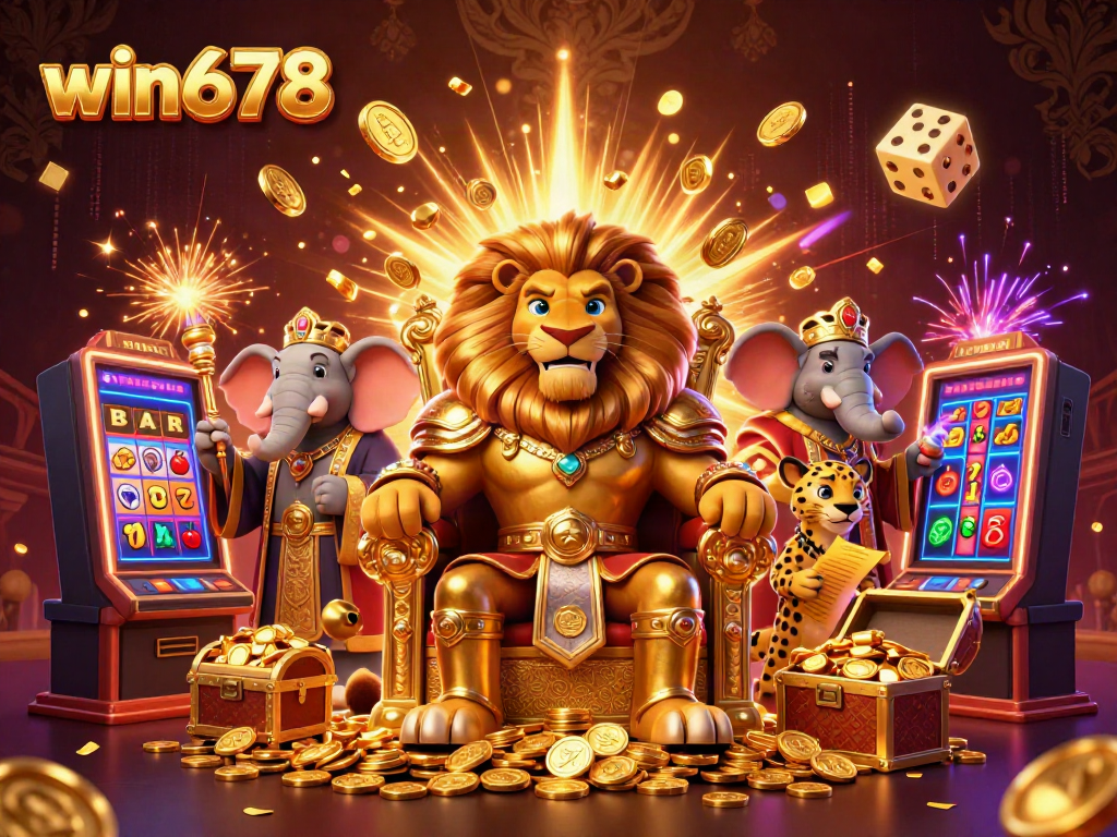 Experience the thrill of win678's casino with a 3D cartoon lion king and dynamic jackpot elements.