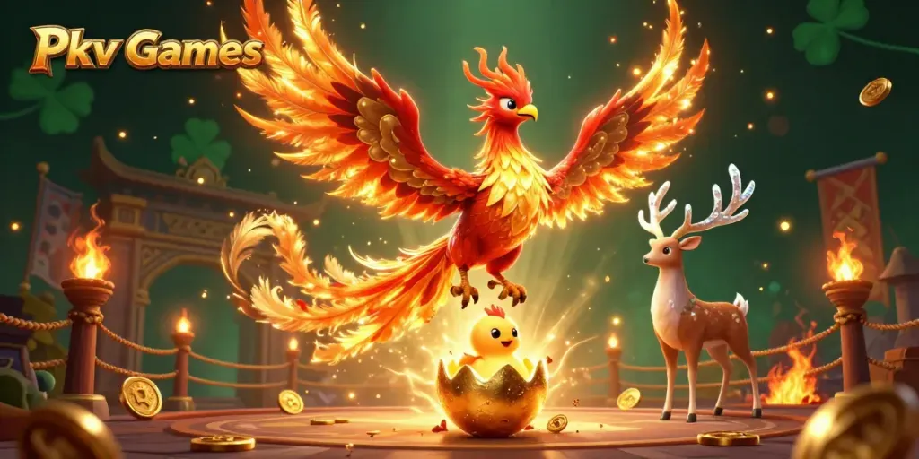 Pkv Games features a vibrant scene with a phoenix, baby phoenix, and stag amidst dramatic gambling elements.