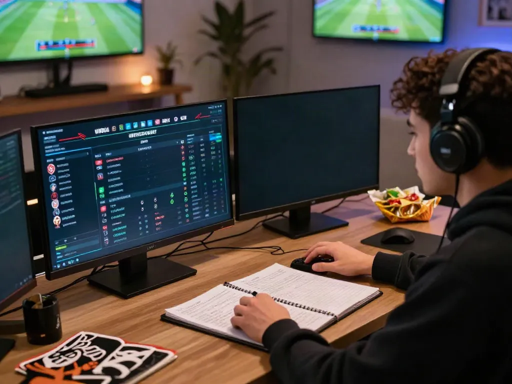 Engaged gamer analyzing odds on WWBOLA platform surrounded by sports memorabilia.