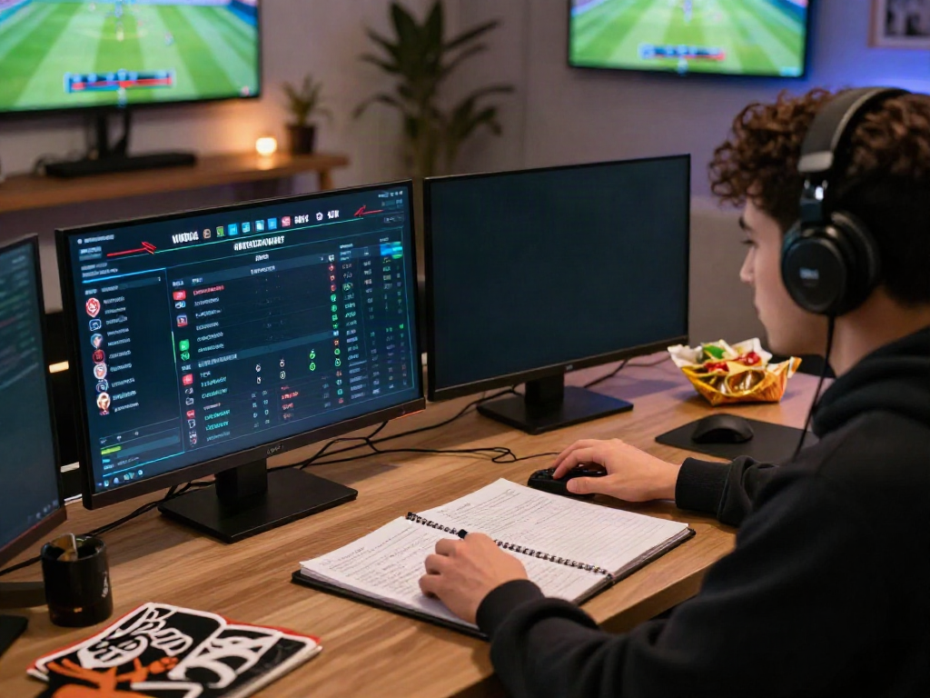 Engaged gamer analyzing odds on WWBOLA platform surrounded by sports memorabilia.