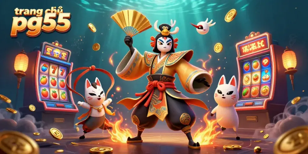 Experience thrilling gaming at trang chủ pg55 with vibrant slot reels, golden coins, and captivating 3D characters.