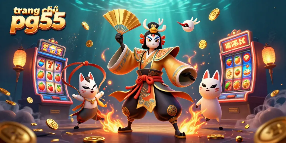 Experience thrilling gaming at trang chủ pg55 with vibrant slot reels, golden coins, and captivating 3D characters.