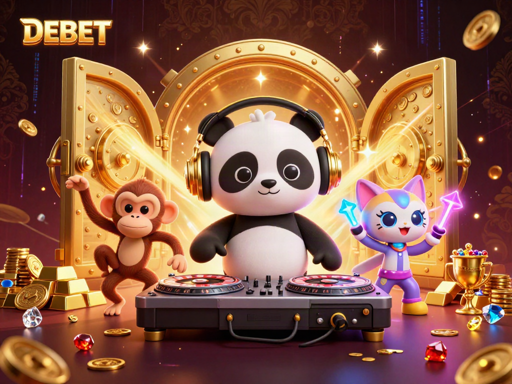 Groove with DEBET: DJ panda spins roulette turntables surrounded by gold treasures.