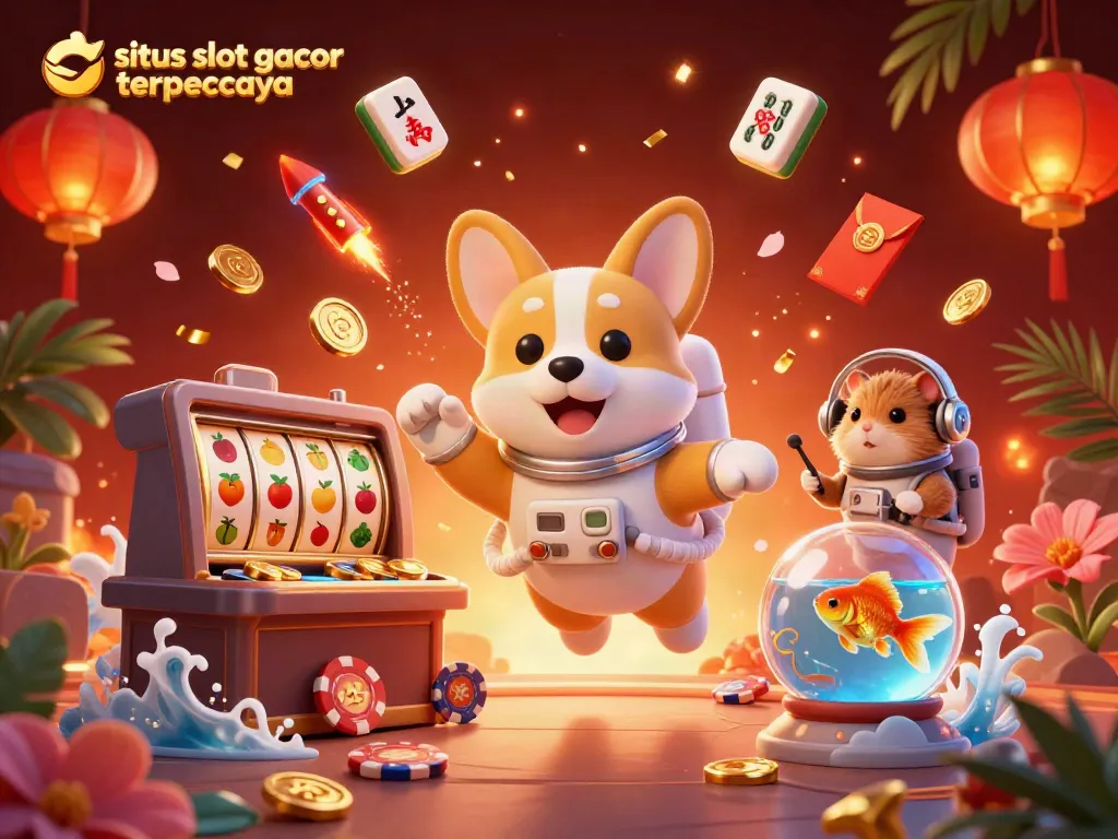 Experience excitement with a floating dog in a space casino, showcasing the situs slot gacor terpercaya theme with vibrant slot reels.