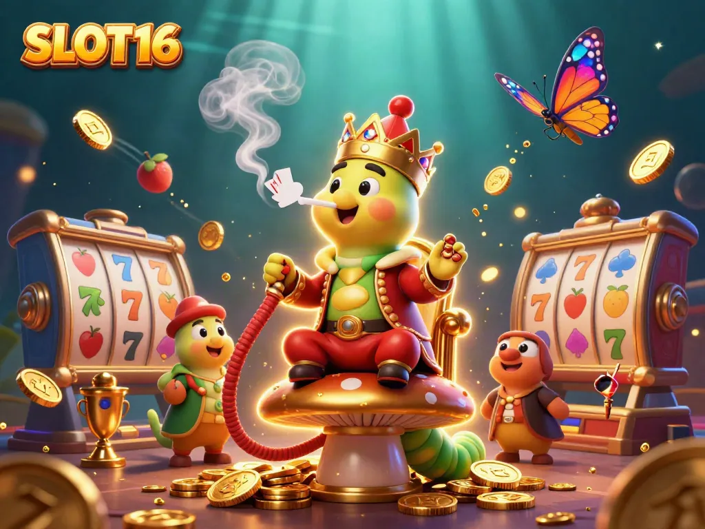 Engage in vibrant casino action with SLOT16's 3D illustration featuring dynamic slot machine elements and characters.