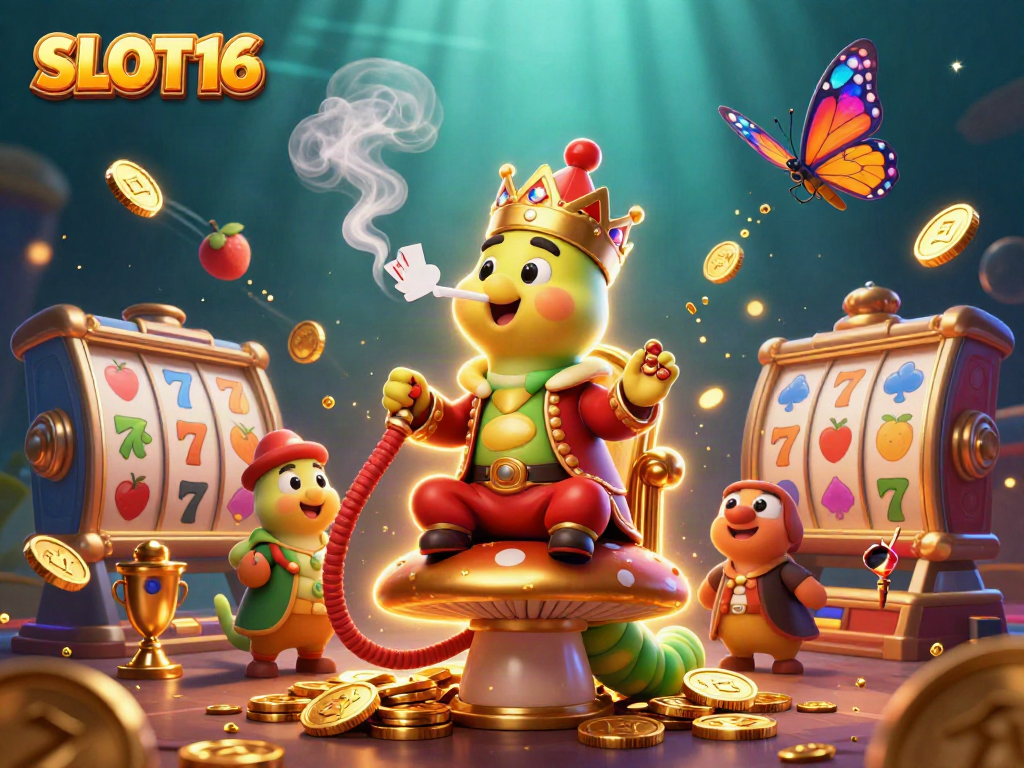 Engage in vibrant casino action with SLOT16's 3D illustration featuring dynamic slot machine elements and characters.