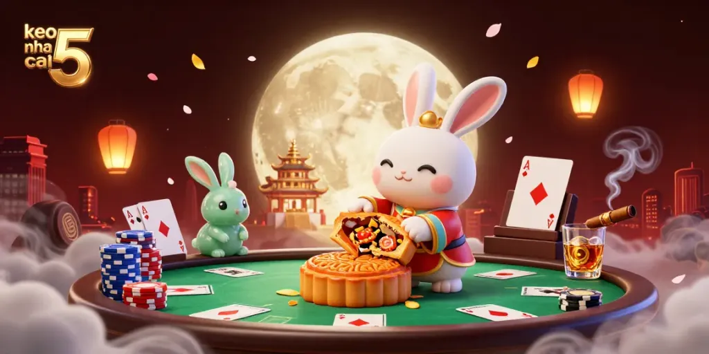 Engage with keo nha cai 5 through an imaginative scene featuring a moon rabbit amidst poker elements like chips and cards.