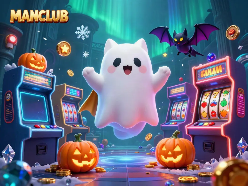 Engaging MANCLUB scene with a ghost cat and vampire bat, vibrant casino ambiance.