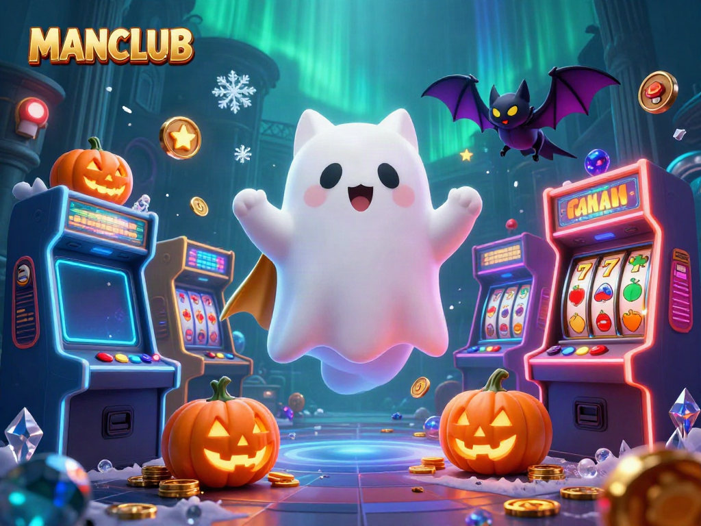Engaging MANCLUB scene with a ghost cat and vampire bat, vibrant casino ambiance.
