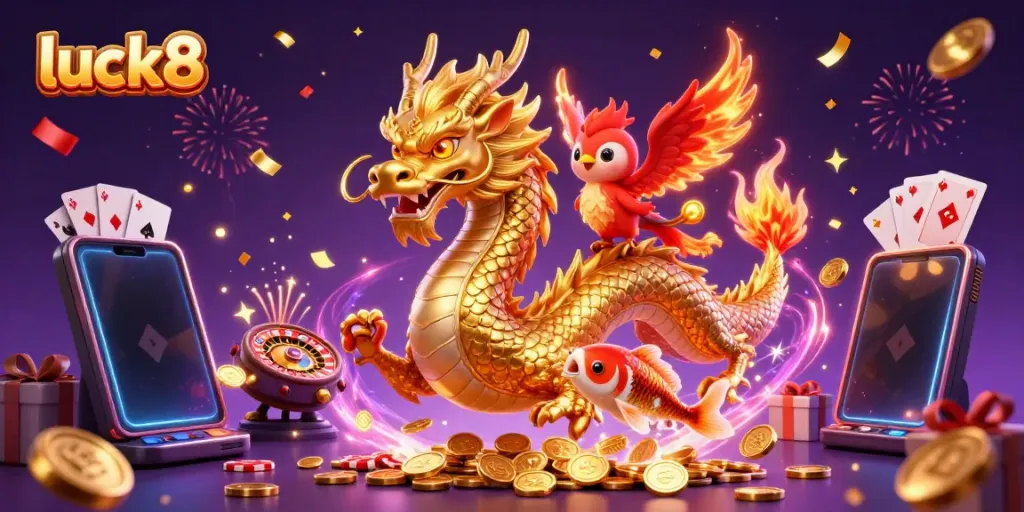 Experience excitement at luck8 with vibrant gaming characters and dynamic casino elements.