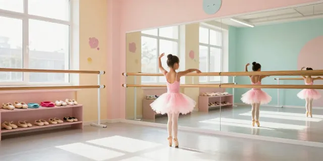 Young girl in a pink tutu dancing in a bright tutu store studio.