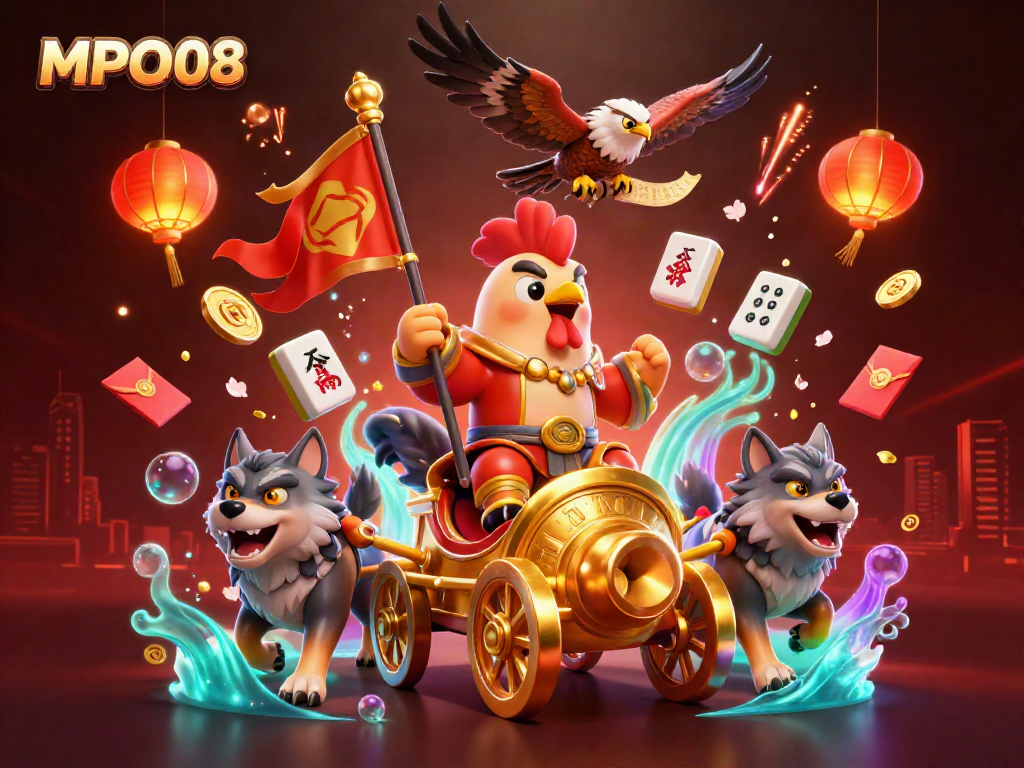 MPO08 showcases a vibrant 3D cartoon scene featuring a rooster warlord in a golden chariot amidst casino elements, ideal for online gambling.