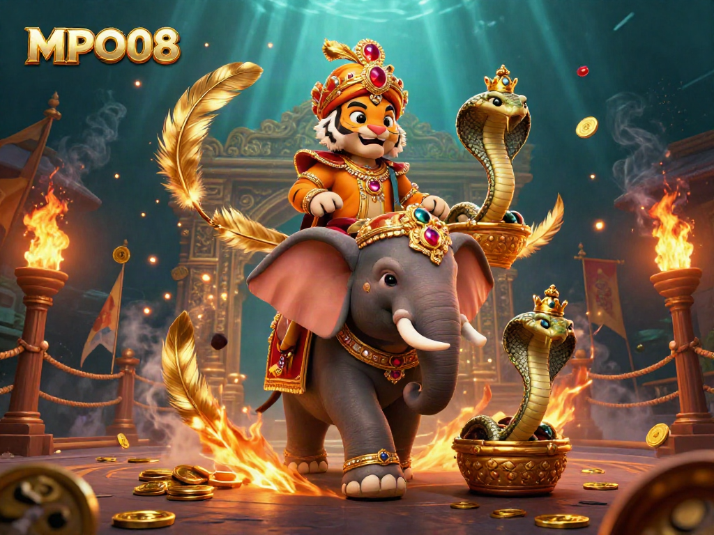 Engage with MPO08's vibrant casino scene featuring the Maharaja tiger and jewel-encrusted elephant amidst gold coins.