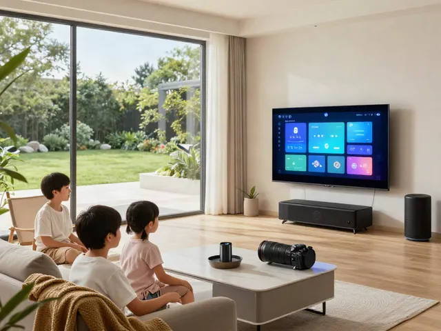 Smart home living room showcasing the advanced features of خانه هوشمند جهان اسمارت with a family interacting with smart devices.