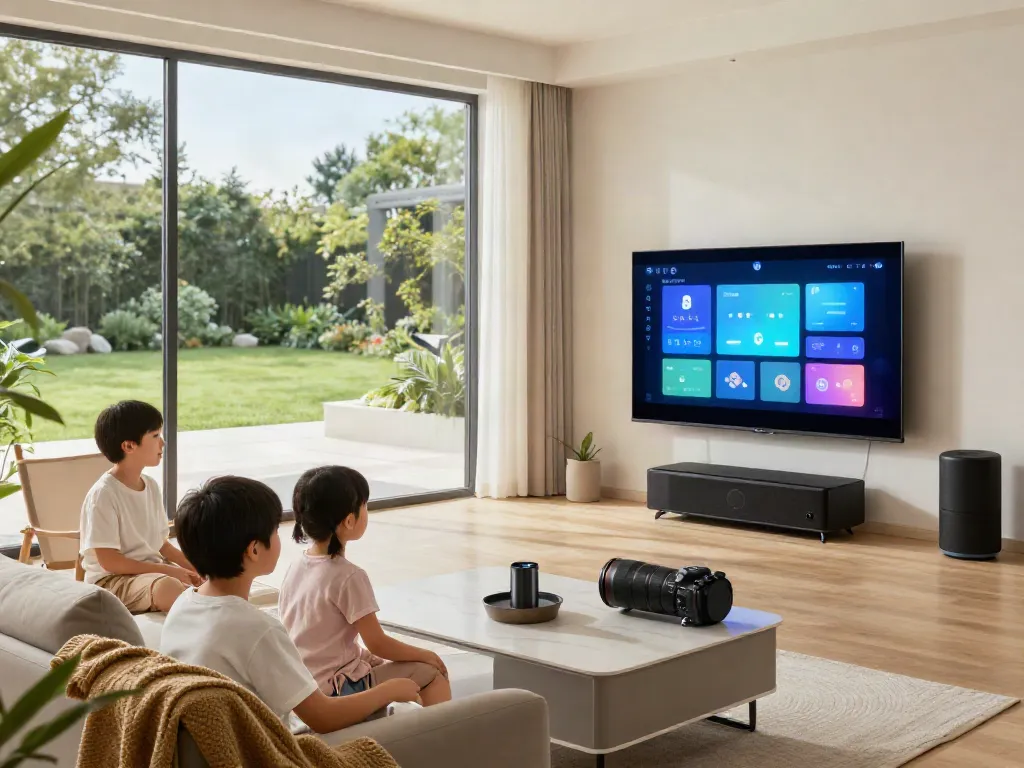 Smart home living room showcasing the advanced features of خانه هوشمند جهان اسمارت with a family interacting with smart devices.