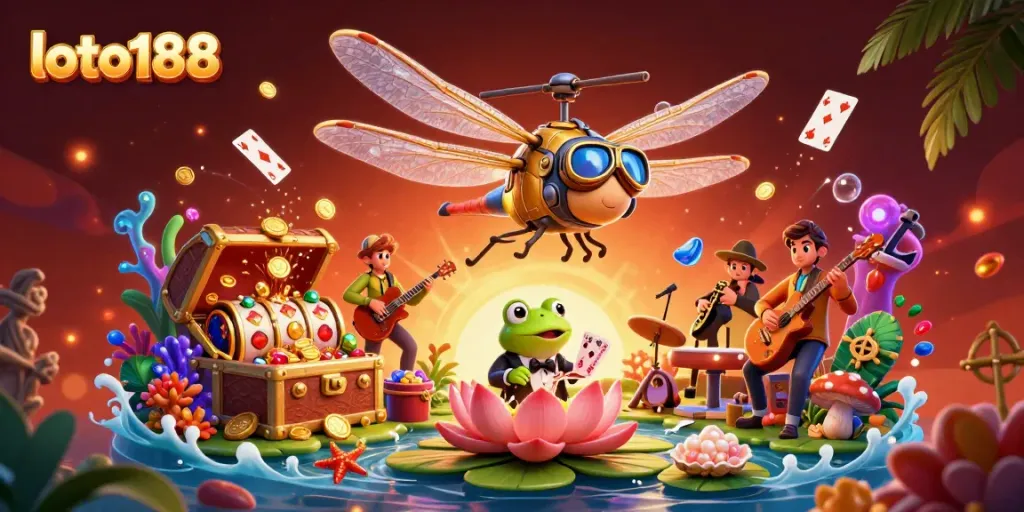 Experience vibrant loto188 gaming with our animated casino scene featuring dragonfly pilot and frog croupier.