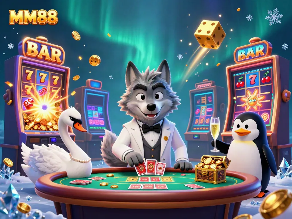 Experience the excitement of MM88 in a vibrant casino scene featuring unique characters and dynamic gaming elements.