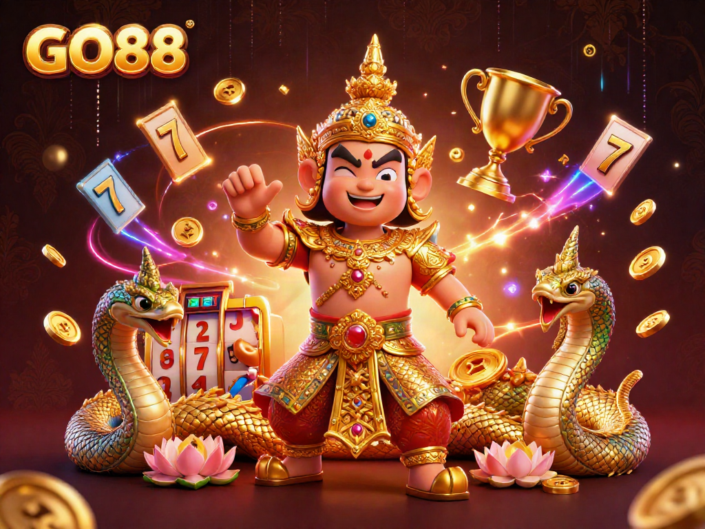 Experience the thrilling games of GO88 as the guardian heroically showcases excitement in a rich casino setting.
