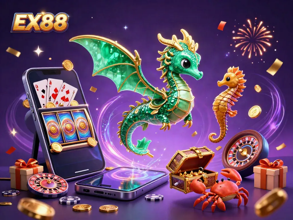 Celebrate big wins at EX88 with a vivid 3D casino scene filled with vibrant characters and engaging gaming elements.