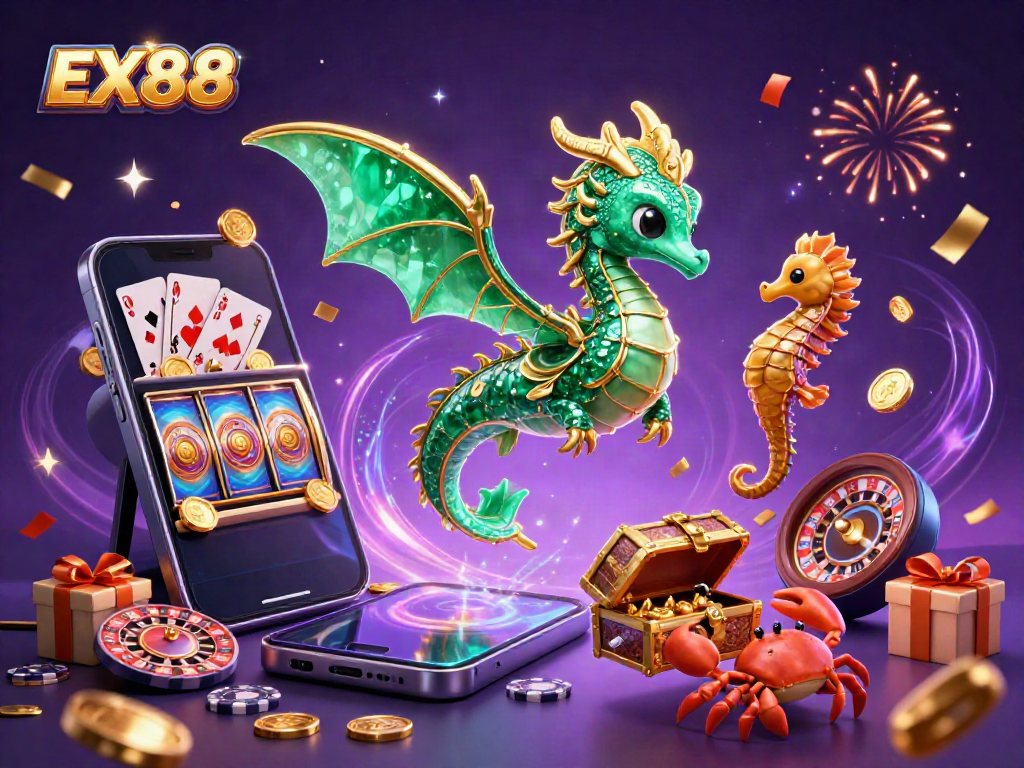 Celebrate big wins at EX88 with a vivid 3D casino scene filled with vibrant characters and engaging gaming elements.
